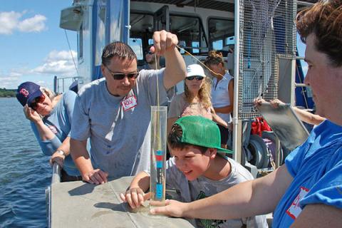 Folks measuring water temperature on the RV Gulf Challenger