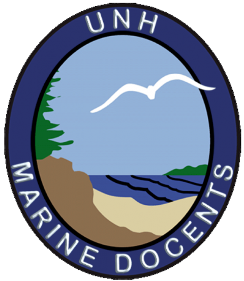 UNH Marine Docent oval logo with bird, sea, sand, dunes